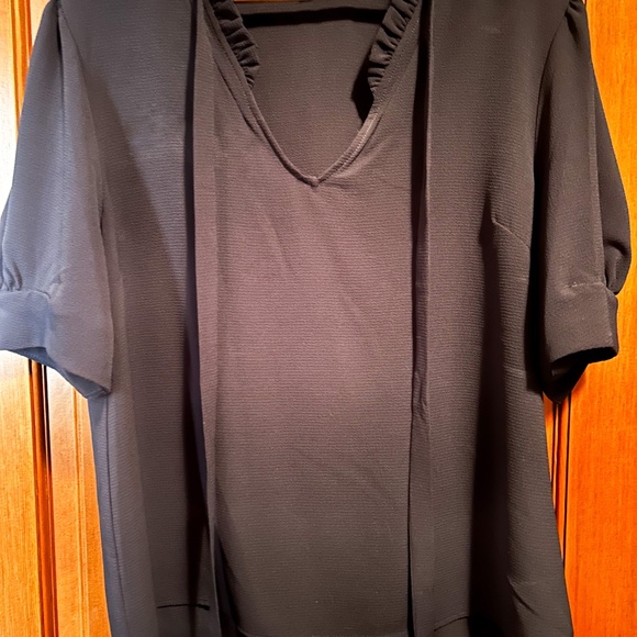 Navy blue blouse with shirred collar and tie detail - Picture 2 of 5